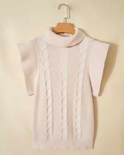 Jet Stream Cable Knit Turtleneck Ruffled Short Sleeve Sweater