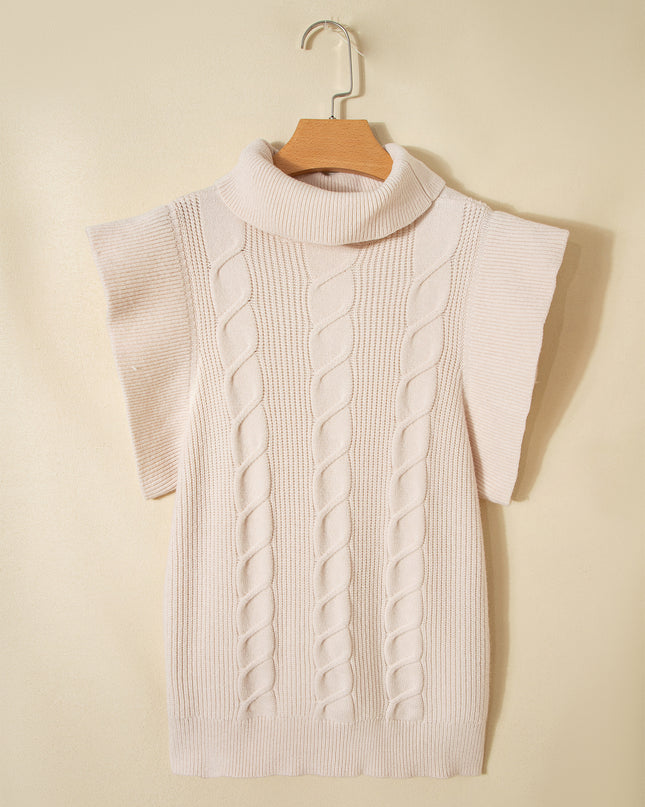 Jet Stream Cable Knit Turtleneck Ruffled Short Sleeve Sweater