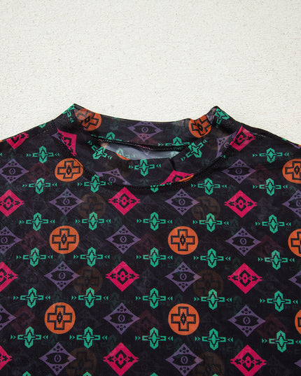 Black Western Aztec Printed Long Sleeve Mesh Top