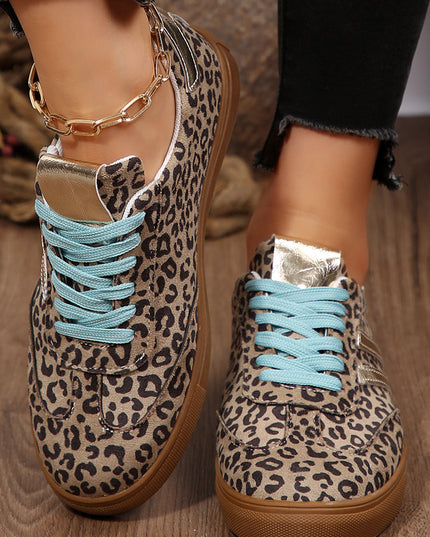 Coffee Faux Suede Leopard Print Sleek PU Leather Detail Lace Up Sneakers