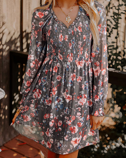 Brown Frilly Smocked Bodice Floral Mesh Long Sleeve Mini Dress