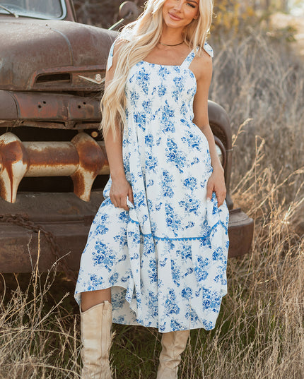 Sky Blue Floral Print Shirred Knot Shoulder Sleeveless Long Dress