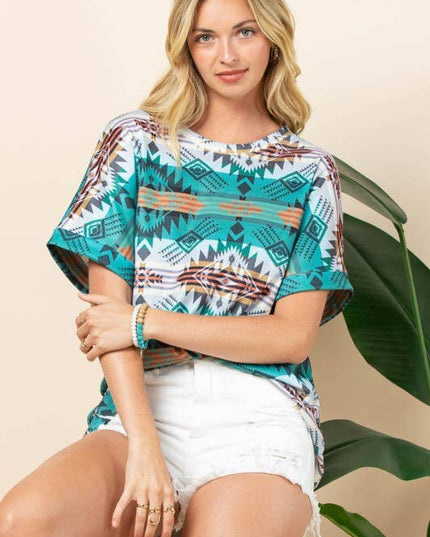 AT1291-MARTHA AZTEC PRINT FOLDED SLEEVE THERMAL TOP