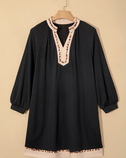 Black Contrast Color Block Leopard Trim Plus Size Ribbed Dress