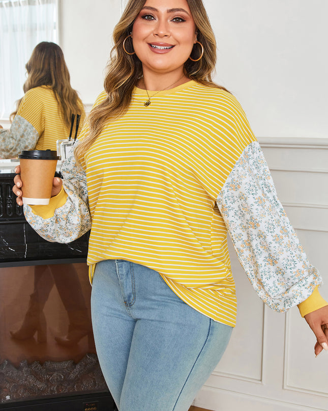 Yellow Stripe Striped Contrast Floral Sleeve Patchwork Plus Size Loose Top