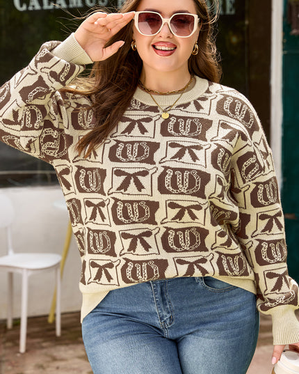 Brown Bow Horseshoe Print Checkered Plus Size Sweater