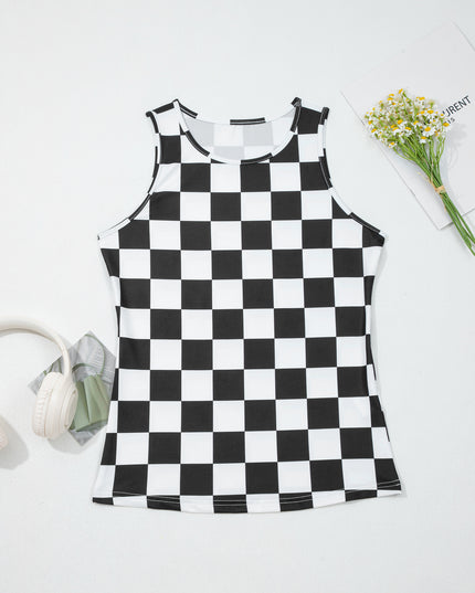 Black Checkerboard Printed Slim Tank Top
