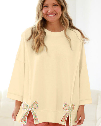 Beige Plus Size Raw Seam Detail Floral Bow Patched Baggy Pullover