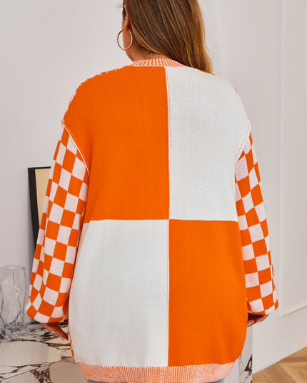 Orange Plus Size Checkered Bubble Sleeve Drop Shoulder Open Cardigan