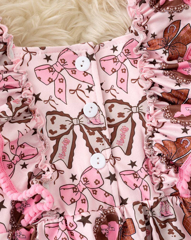 Coquette western bow printed pink & brown girls romper. PNG60128 SOL