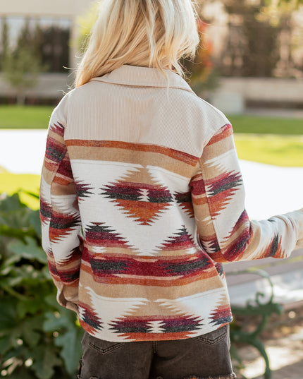 Multicolour Western Aztec Ribbed Patchwork Double Flap Pocket Raw Hem Shacket