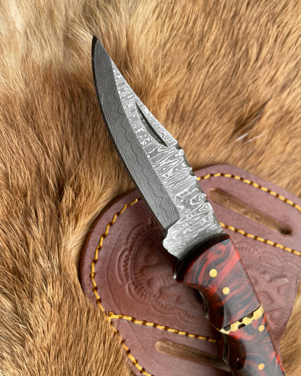 POCKET KNIFE RED RESIN WOOD 6.5'' DAMASCUS STEEL KNIFE STEEL