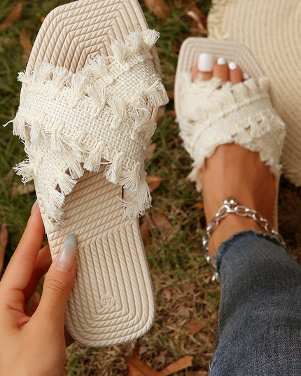 Beige Tassel Woven Crossed Straps Flat Slippers