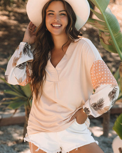 Jet Stream Palm Leaves Polka Dot Puff Sleeve Patchwork V Neck Loose Blouse