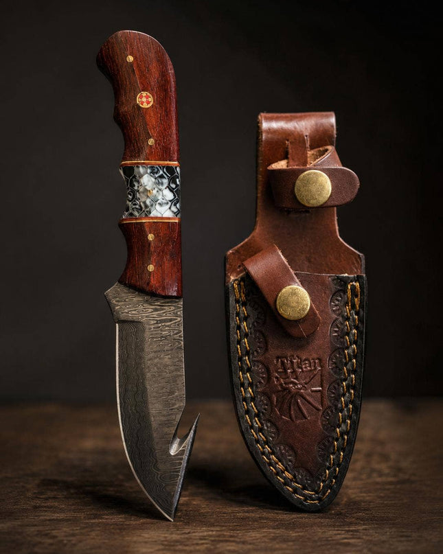 Damascus Steel Fixed Blade Hunting Knife with Gut Hook, Padauk Wood & Cobra Honeycomb Resin Inlay Handle for Field Dressing & Camping with Custom Leather Sheath TK-517