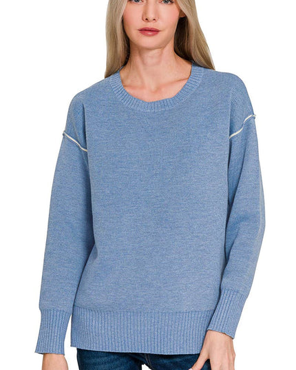 0805 Round Neck Contrast Trim Sweater SI-28343 Zenana