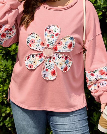 Peach Blossom Plus Size Floral Applique Drop Shoulder Sweatshirt