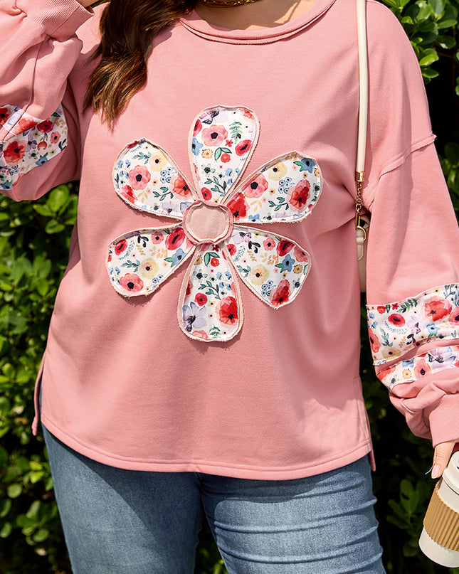 Peach Blossom Plus Size Floral Applique Drop Shoulder Sweatshirt