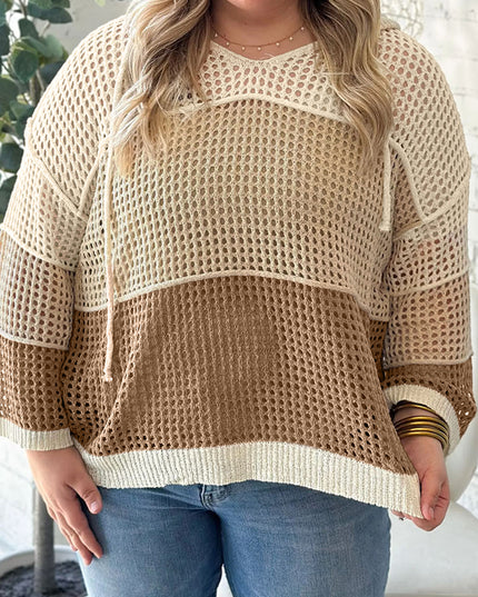 Parchment Colorblock Hollowed Knit Plus Size Hooded Jumper Sweater