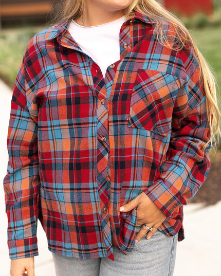 Red Plus Size Plaid Print Buttoned Shirt