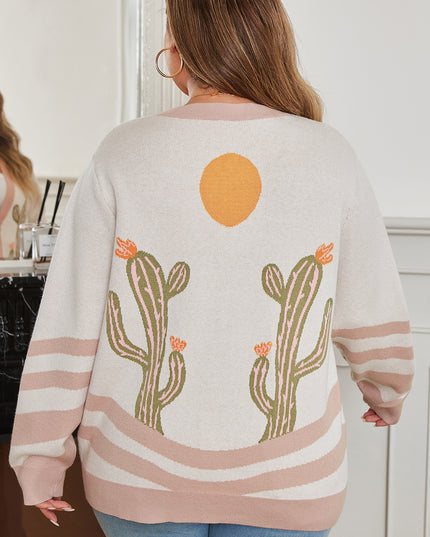 Apricot Western Desert Cactus Print Plus Size Button Cardigan Sweater