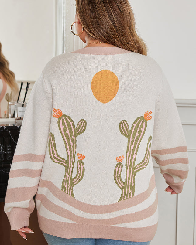 Apricot Western Desert Cactus Print Plus Size Button Cardigan Sweater