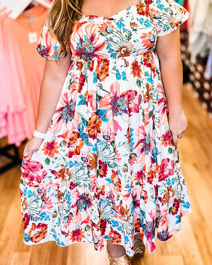 White Floral Square Neck Puff Sleeve Flowy Plus Size Midi Dress