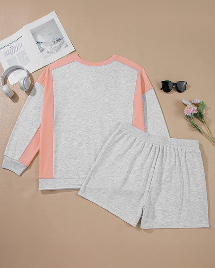 Light Grey Uneven Hem Colorblock Pullover Casual Shorts Plus Size 2pcs Outfit
