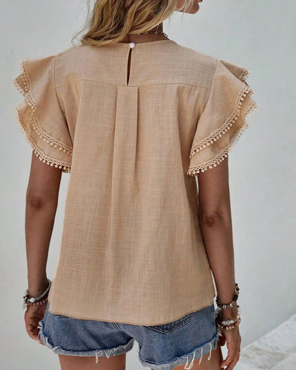 Crewneck Loose Lace Ruffle Short-Sleeved T-Shirt Top