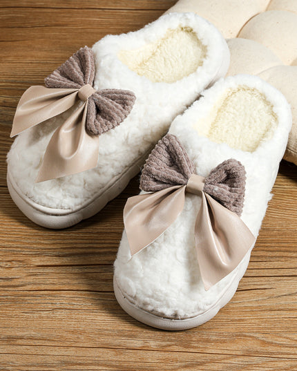 White Contrast Bowknot Applique Plush Winter Slippers (Colors May Differ by Batch)