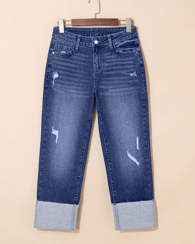 Real Teal Folded Cuffs Distressed Straight High Waist Jeans