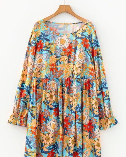 Blue Plus Size Floral Ruffled Long Sleeve Flowy Mini Dress