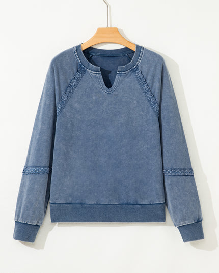 Sail Blue Lace Patchwork Detail Notched Neck Mineral Wash Baggy Sweatshirt