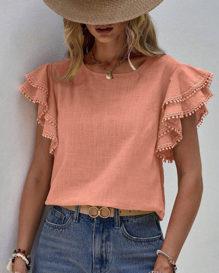 Crewneck Loose Lace Ruffle Short-Sleeved T-Shirt Top