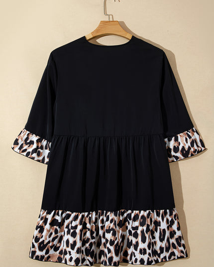 Black Plus Size Leopard Patchwork V Neck 3/4 Sleeve Ruffle Hem Mini Dress
