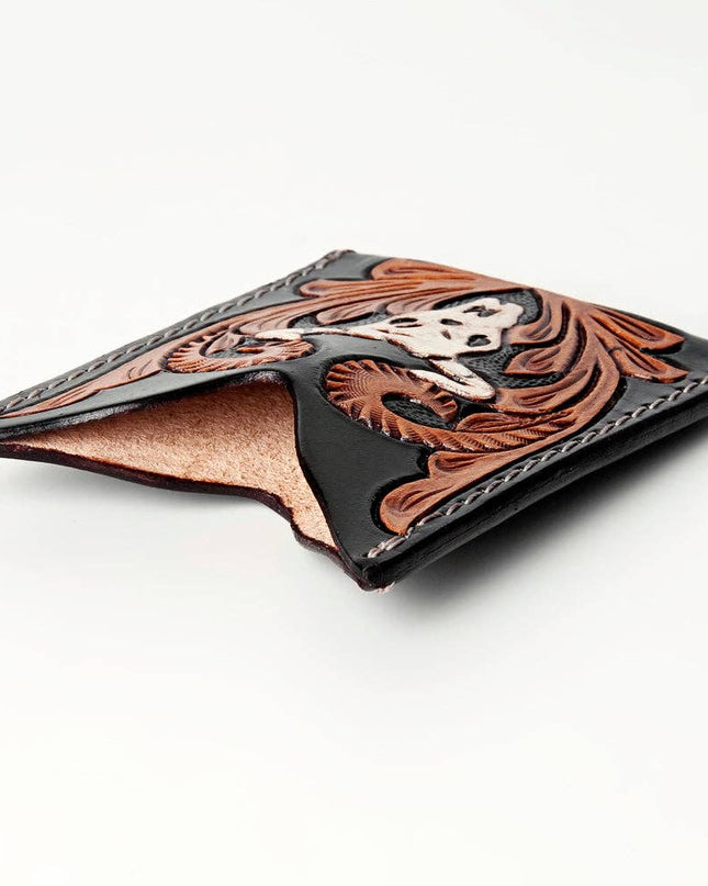 ADCCF107 Hand-Tooled Leather Card Holder - Western Bull Skull & Floral Design
