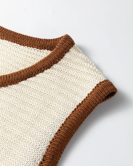 White Horizontal Ribbed Knit Contrast Trim Ties Front Sweater Vest