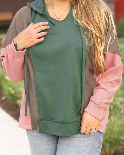 Breen Plus Size Colorblock Patchwork V Neck Hoodie