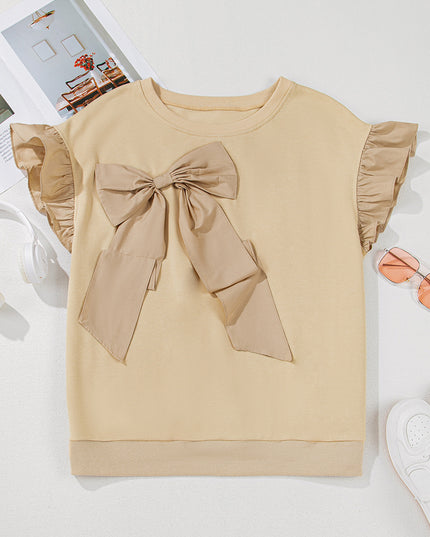 Parchment Ruffled Short Sleeve Bowknot Applique Crew Neck Plus Size Top