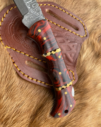 POCKET KNIFE RED RESIN WOOD 6.5'' DAMASCUS STEEL KNIFE STEEL