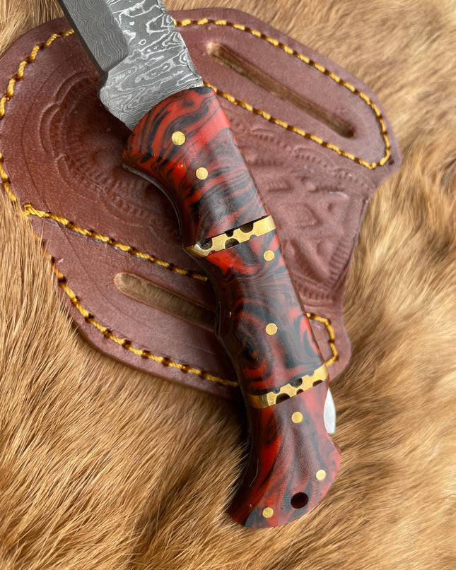 POCKET KNIFE RED RESIN WOOD 6.5'' DAMASCUS STEEL KNIFE STEEL