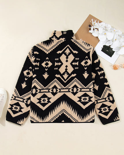 Black Plus Size Western Aztec Pattern Half Button Collared Plush Sweatshirt