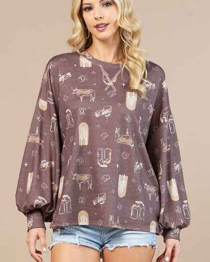 AV1171-CAROL WESTERN PRINT LONG SLEEVE SWEATSHIRT