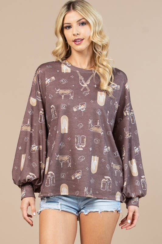 AV1171-CAROL WESTERN PRINT LONG SLEEVE SWEATSHIRT