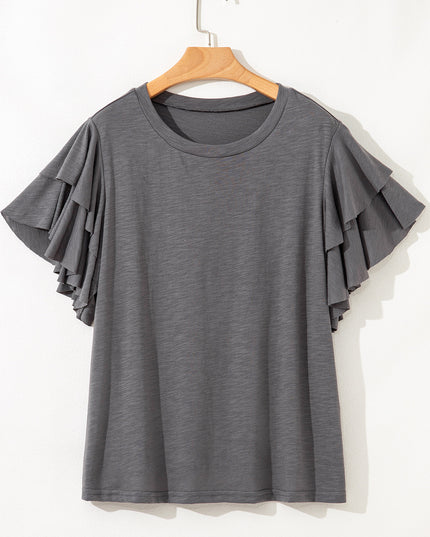 Dark Grey Double Ruffled Short Sleeve Plus Size Top