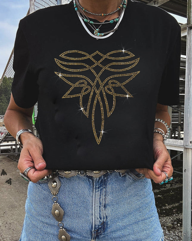 Black Rhinestone Western Pattern Cotton Blend Graphic T Shirt