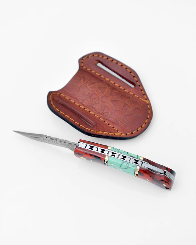 Damascus steel pocket knife Limited Run Red & Blue Resin TF-050