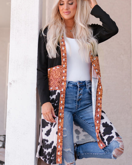Black Western Pattern Cow Patchwork Open Front Cardigan