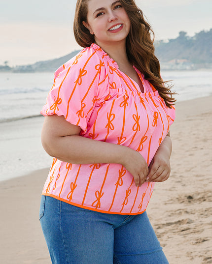 Rose Bowknot Print Shirred V Neck Puff Sleeve Plus Size Blouse