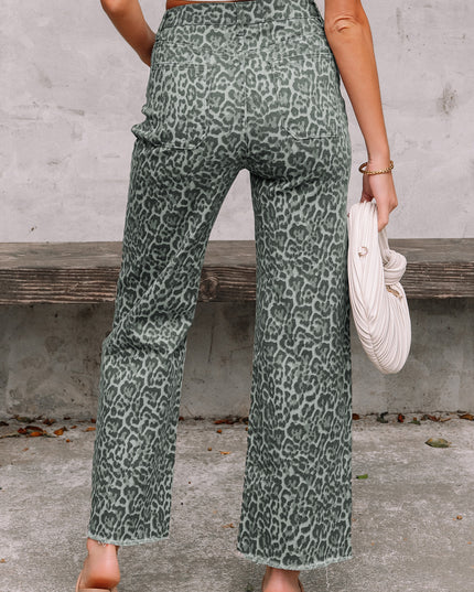 Rose Leopard Frayed Edge Wide Leg High Waist Jeans